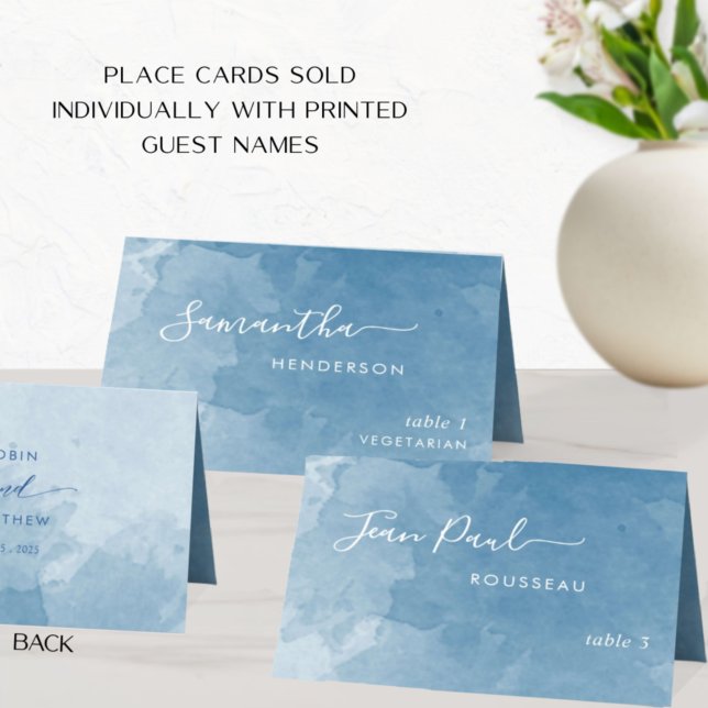 Elegant Blue Watercolor Script Wedding Place Cards (Creator Uploaded)