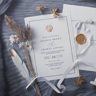 Elegant Blue Watercolor Seashell QR Code Wedding Invitation