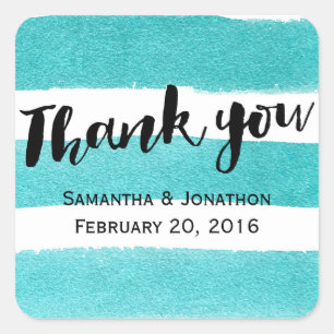 Elegant Blue Watercolor Stripes Wedding Thank You Square Sticker