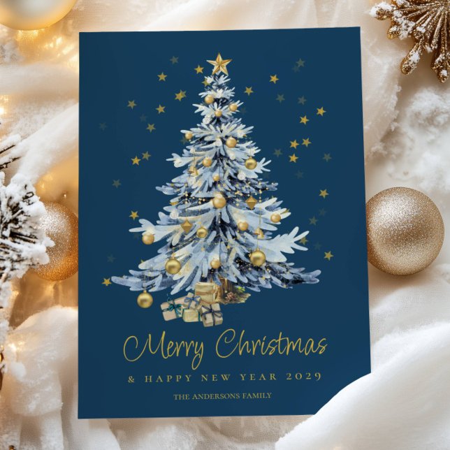 Elegant Blue Watercolor Tree Christmas Holiday Card (Creator Uploaded)