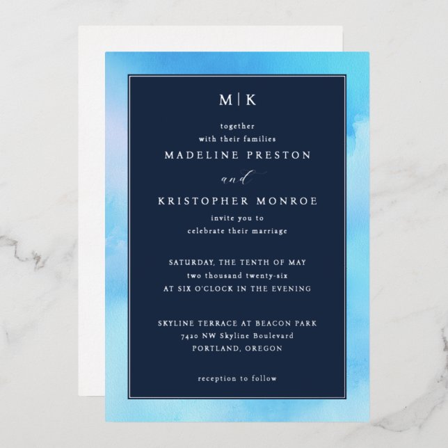 Elegant Blue Watercolor Wedding Invitation (Front/Back)