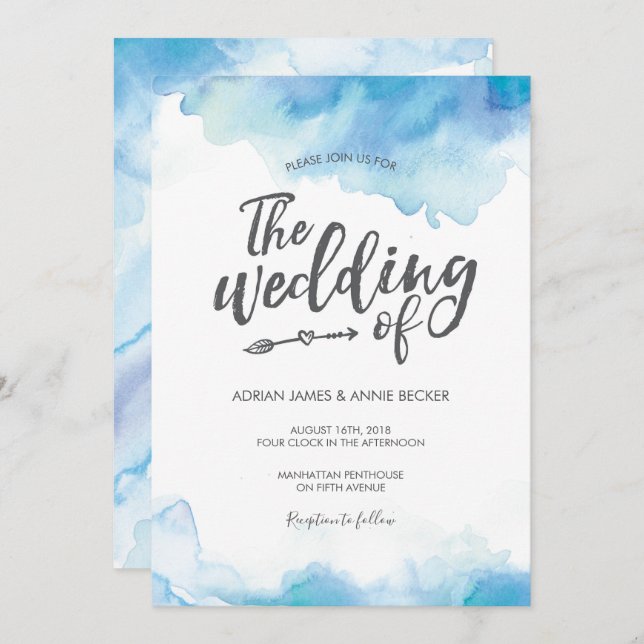 Elegant Blue Watercolor Wedding Invitation (Front/Back)