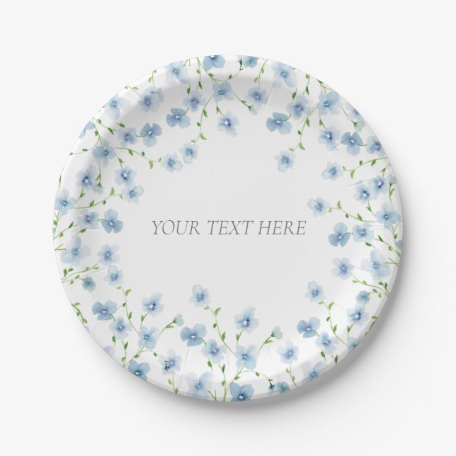 Elegant Blue Watercolor Wildflower  Paper Plate (Front)