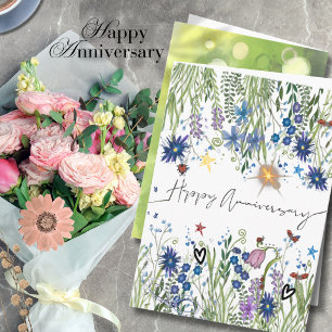 Elegant Blue Watercolor Wildflowers Anniversary Card
