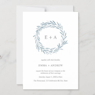Elegant Blue Watercolor Wreath Wedding Invitation