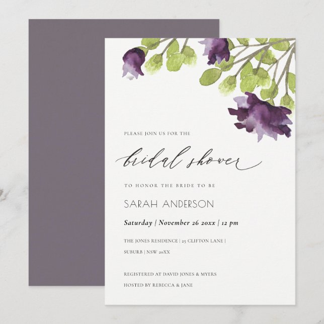 ELEGANT BLUE WATERCOLOUR FLORAL GOLD BRIDAL SHOWER INVITATION (Front/Back)