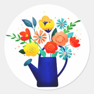 Elegant Blue Watering Pot & Yellow Red Flowers Classic Round Sticker