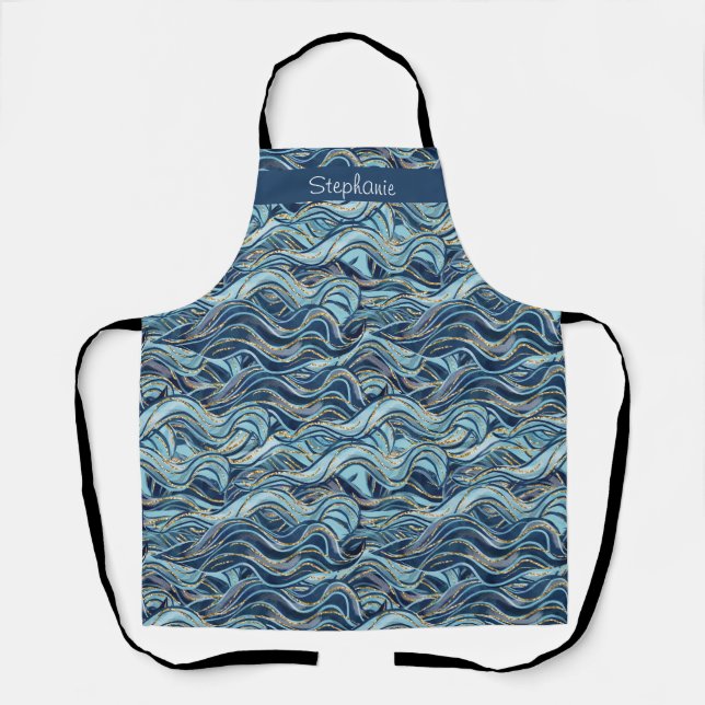 Elegant Blue Wave Pattern with Gold Accents Apron (Front)