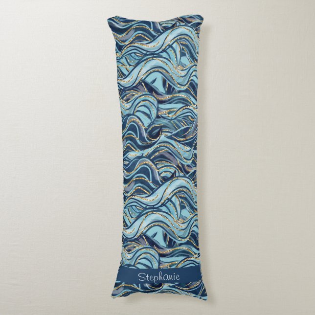 Elegant Blue Wave Pattern with Gold Accents Body Cushion (Front Vertical)