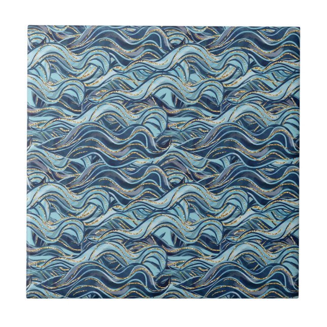 Elegant Blue Wave Pattern with Gold Accents Ceramic Tile (Front)