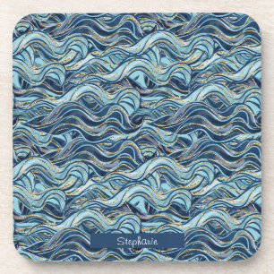 Elegant Blue Wave Pattern with Gold Accents Coaster