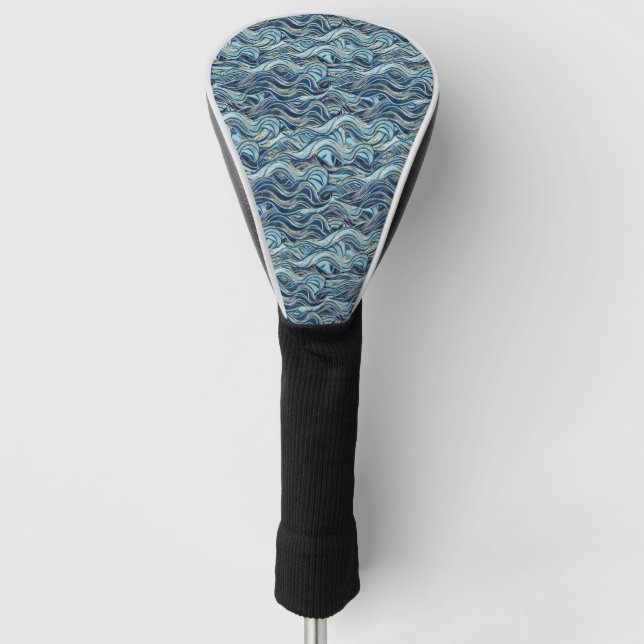 Elegant Blue Wave Pattern with Gold Accents Golf Head Cover (Front)