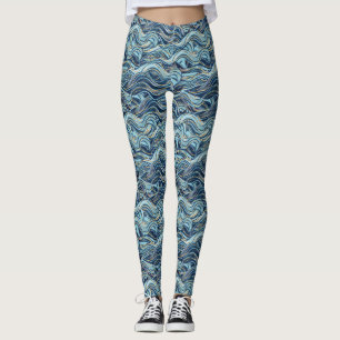 Elegant Blue Wave Pattern with Gold Accents Leggings
