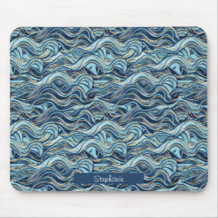 Elegant Blue Wave Pattern with Gold Accents Mouse Pad