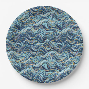 Elegant Blue Wave Pattern with Gold Accents Paper Plate
