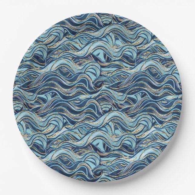 Elegant Blue Wave Pattern with Gold Accents Paper Plate (Front)