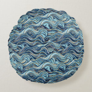 Elegant Blue Wave Pattern with Gold Accents Round Cushion