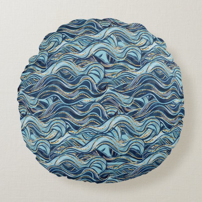 Elegant Blue Wave Pattern with Gold Accents Round Cushion (Front)