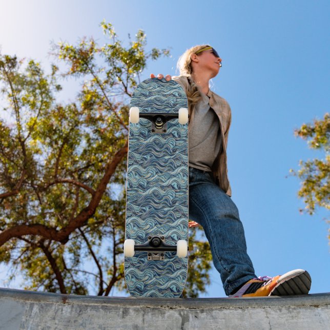 Elegant Blue Wave Pattern with Gold Accents Skateboard (Outdoor 1)