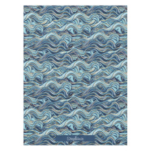 Elegant Blue Wave Pattern with Gold Accents Tablecloth