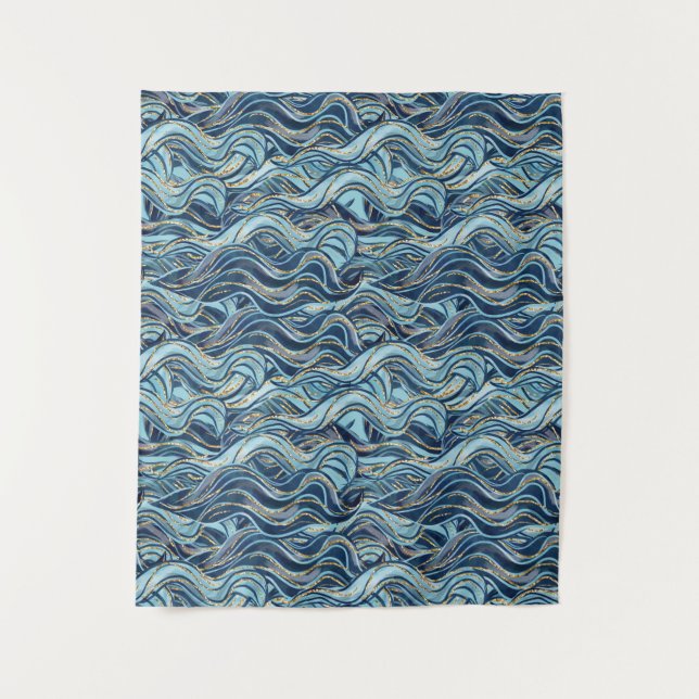 Elegant Blue Wave Pattern with Gold Accents Tapestry (Front)