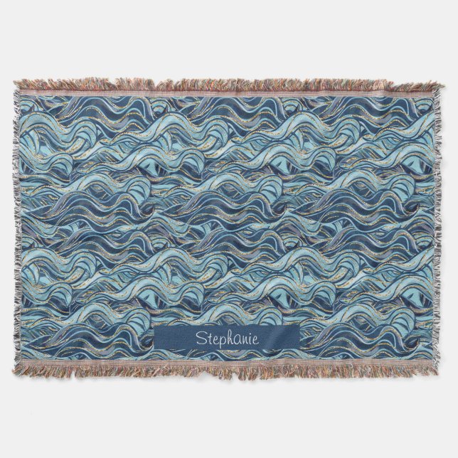 Elegant Blue Wave Pattern with Gold Accents Throw Blanket (Front)