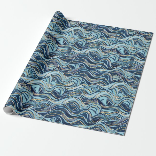 Elegant Blue Wave Pattern with Gold Accents Wrapping Paper (Unrolled)