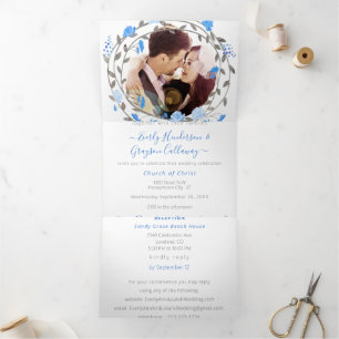 Elegant Blue Wearth Peony Floral Wedding   Tri-Fold Invitation
