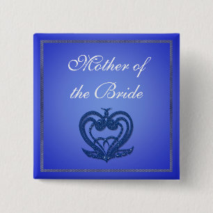 Elegant blue wedding button. 15 cm square badge
