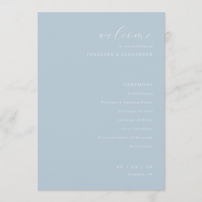 Elegant Blue Wedding Ceremony Program (Front)