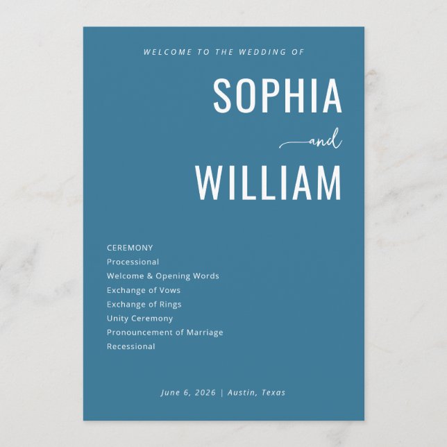 Elegant Blue Wedding Ceremony Program (Front)