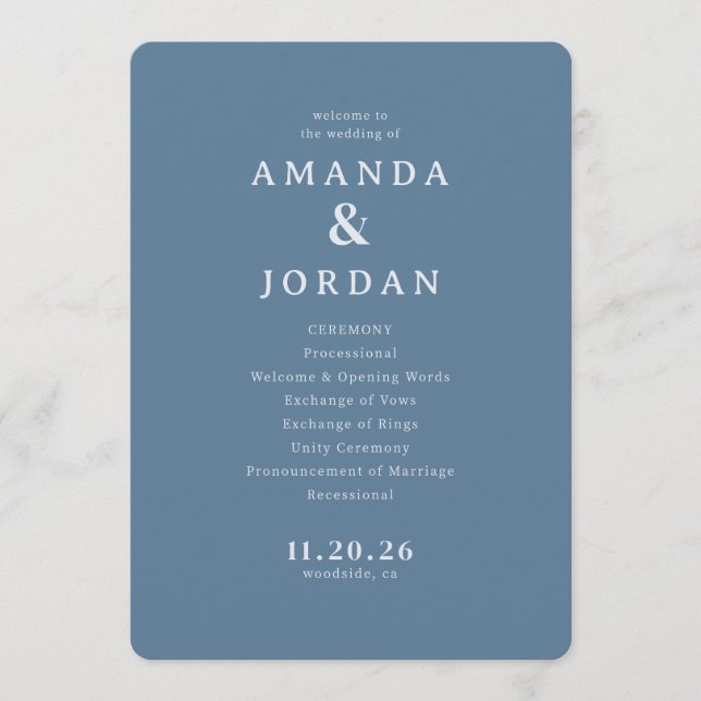 Elegant Blue Wedding Ceremony Schedule Program (Front)