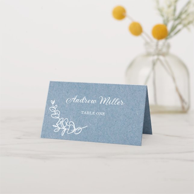 Elegant Blue Wedding Floral Folded Place Card (Front)