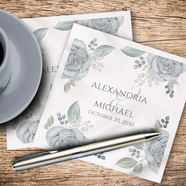 Elegant Blue Wedding Floral Personalised  Napkin (Creator Uploaded)