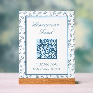 Elegant Blue Wedding Honeymoon Fund QR Code Card Acrylic Sign