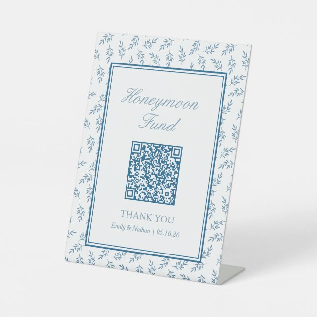 Elegant Blue Wedding Honeymoon Fund QR Code Card Pedestal Sign (Front)