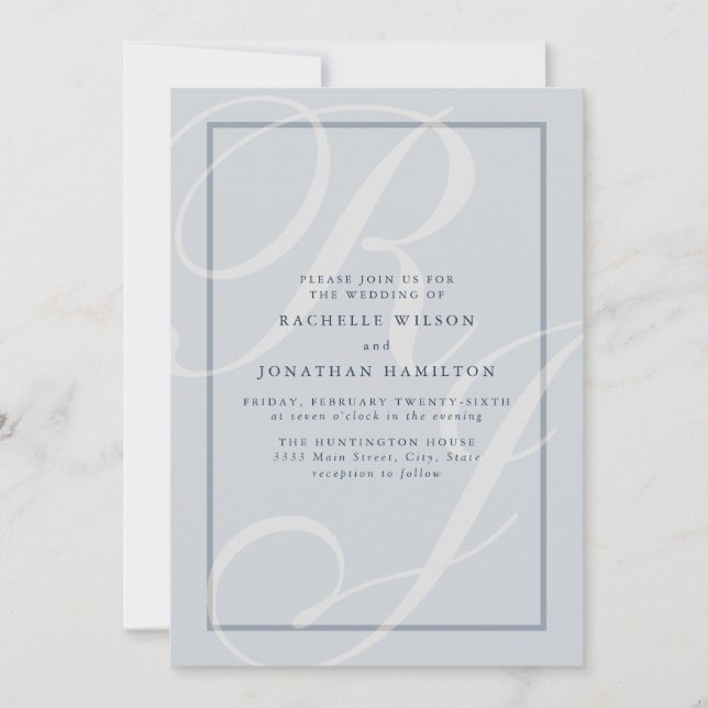 Elegant Blue Wedding Script Monogram Invitation (Front)