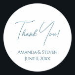 Elegant Blue Wedding Thank You Classic Round Sticker<br><div class="desc">A simple and classy design for your wedding reception featuring a blue watercolor background and white text.</div>