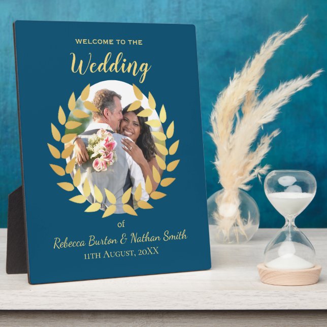 Elegant Blue Wedding Welcome Custom Photo Sign Plaque (Side)