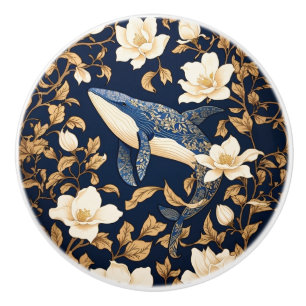 Elegant Blue Whale William Morris Inspired Floral Ceramic Knob