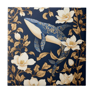 Elegant Blue Whale William Morris Inspired Floral Ceramic Tile