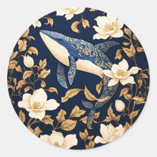 Elegant Blue Whale William Morris Inspired Floral Classic Round Sticker
