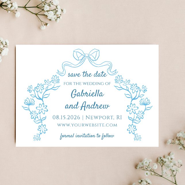 Elegant Blue Whimsical Hand Drawn Chic Floral Bow  Save The Date (Sophisticated classic blue floral save the date card with bow motif, perfect for elegant weddings.)