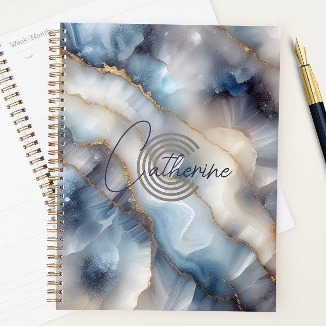 Elegant Blue White Agate Marble with Gold Veins Planner (Creator Uploaded)