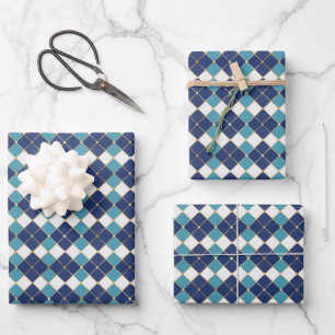 Elegant blue white and gold argyle plaid pattern wrapping paper sheet