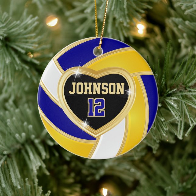 Elegant Blue, White and Gold 🏐 Volleyball Ceramic Ornament (Tree)