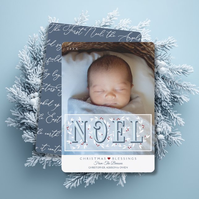 Elegant Blue White Baby's First Christmas Card (Shown on a 5" x 7" card with rounded corners)
