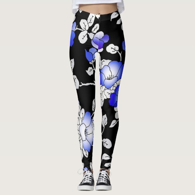 Elegant Blue White Black Floral Leggings (Front)