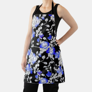 Elegant Blue White Black Floral Pattern Apron