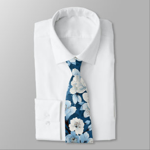 Elegant Blue White Blossom Work Wedding Neck Tie